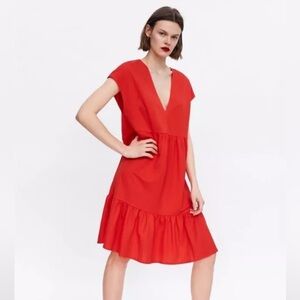Zara Tiered Ruffle Dress V Neck Red Orange Swing Dress Size Large 5580036